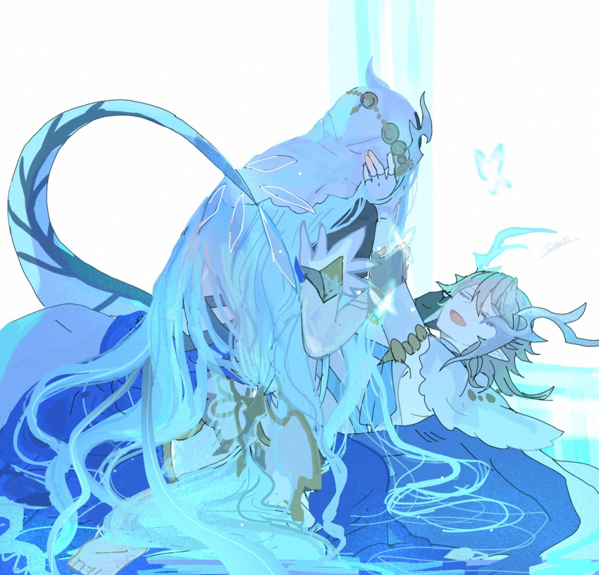 1boy 1girl azura_(fire_emblem) azura_(song's_reflection)_(fire_emblem) blue_hair closed_eyes commentary_request corrin_(fire_emblem) corrin_(male)_(adrift)_(fire_emblem) corrin_(male)_(fire_emblem) dragon_horns dragon_tail elbow_gloves fingerless_gloves fire_emblem fire_emblem_fates fire_emblem_heroes gloves grey_hair hands_on_another's_face highres horns long_hair lying official_alternate_costume open_mouth pointy_ears sasaki_(dkenpisss) short_hair simple_background smile tail veil very_long_hair white_background white_gloves