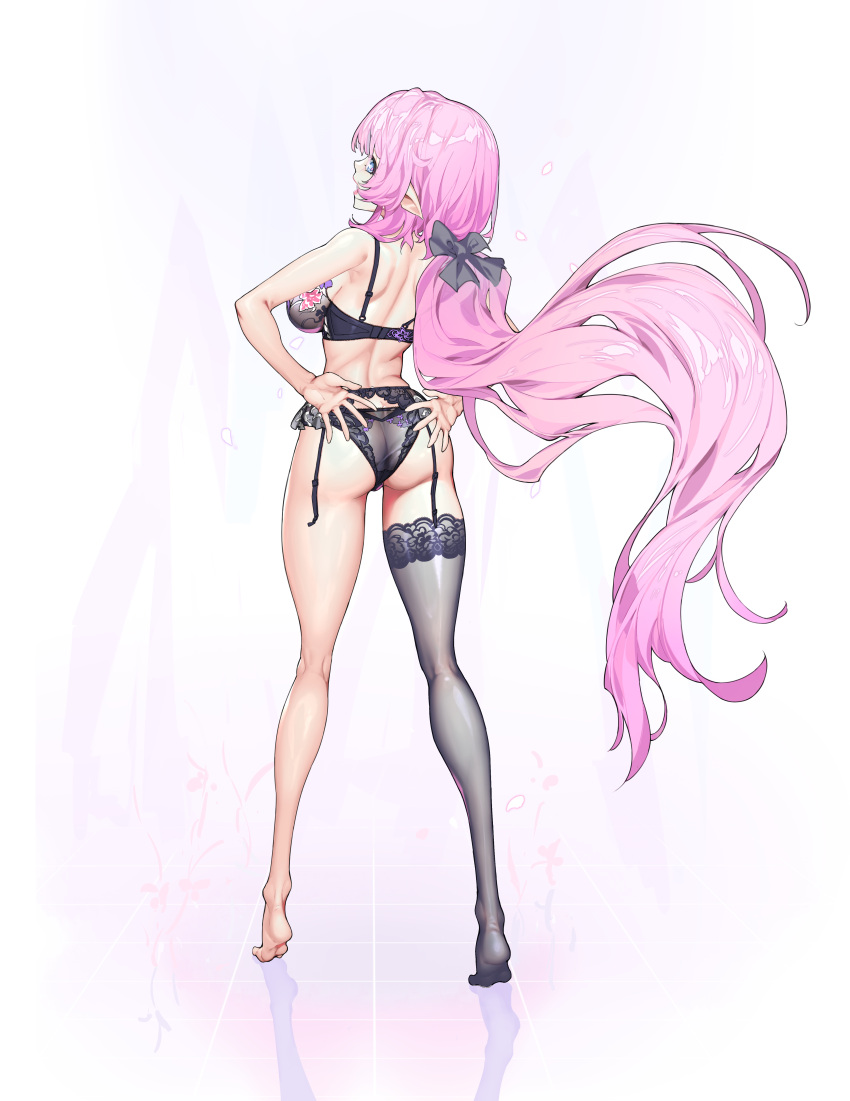 1girl absurdres ass back black_bow black_bra black_panties black_thighhighs blue_eyes bow bra breasts closed_mouth elf elysia_(honkai_impact) full_body guratan hair_bow hands_on_own_hips highres honkai_(series) honkai_impact_3rd kneepits large_breasts lingerie long_hair looking_at_viewer looking_back panties pink_hair pointy_ears reflective_floor single_thighhigh smile soles solo standing thighhighs tiptoes underwear very_long_hair