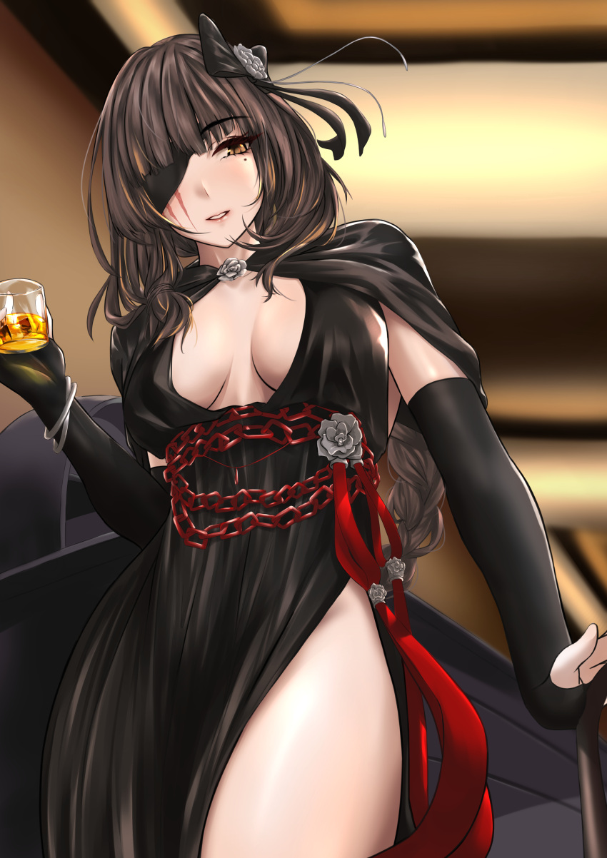1girl absurdres alcohol alternate_costume black_bow black_dress black_gloves bow bracelet braid braided_ponytail breasts brown_eyes brown_hair cleavage cleavage_cutout clothing_cutout cowboy_shot cup dress drinking_glass elbow_gloves eyepatch flower girls'_frontline gloves hair_bow hair_flower hair_ornament highres holding indoors jewelry long_hair looking_to_the_side m16a1_(blazer_of_the_trail)_(girls'_frontline) m16a1_(girls'_frontline) mole mole_under_eye no_bra one_eye_covered parted_lips partially_fingerless_gloves sam_desu scar scar_across_eye scar_on_face side_slit sleeveless sleeveless_dress solo standing