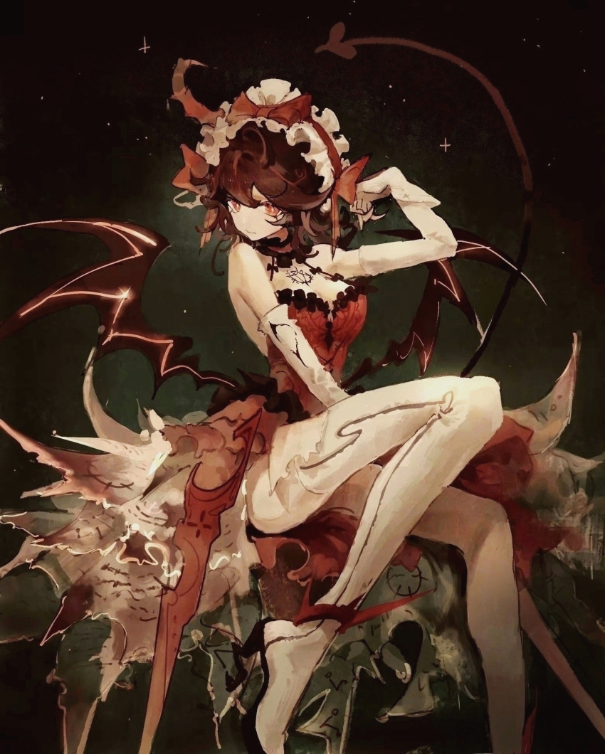 1girl a_maretto arm_up bare_shoulders boots bow breasts brown_hair burnt_clothes chest_tattoo chinese_commentary cleavage collar commentary demon_girl demon_tail demon_wings detached_sleeves dress elbow_sleeve foot_out_of_frame frilled_collar frills hair_bow halter_dress halterneck highres horns knee_up layered_skirt looking_at_viewer lucia:_plume_(punishing:_gray_raven) lucia_(punishing:_gray_raven) magic_circle maid_headdress medium_breasts official_alternate_costume punishing:_gray_raven red_bow red_dress red_eyes short_hair sideways_glance single_horn sitting skirt solo star_(sky) tail tattoo thigh_boots white_footwear wings