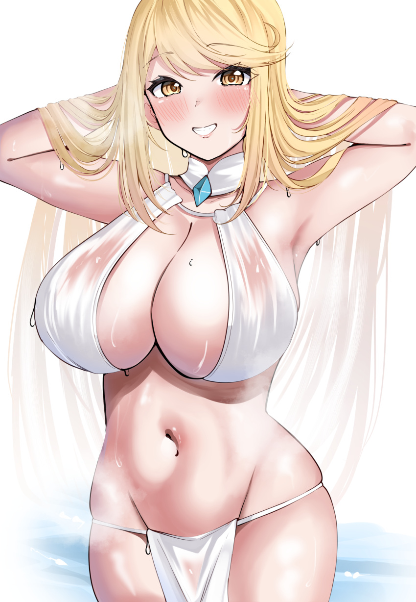 1girl alternate_costume arms_behind_head bathing blonde_hair blush breasts cleavage commentary fundoshi hair_lift highres japanese_clothes large_breasts long_hair looking_at_viewer mythra_(xenoblade) navel parted_lips simple_background smile solo swept_bangs tf_cafe very_long_hair wading wet xenoblade_chronicles_(series) xenoblade_chronicles_2 yellow_eyes