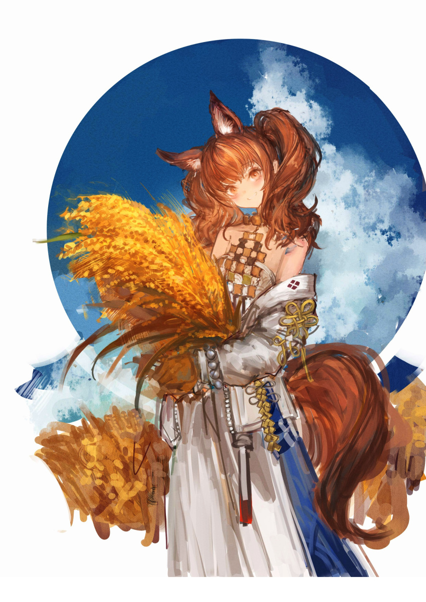 1girl absurdres amayouri angelina_(arknights) animal_ears arknights bare_shoulders beads blush border brown_eyes brown_hair brown_tail chinese_commentary commentary_request cosplay cowboy_shot grin head_tilt highres holding holding_plant jacket jewelry long_hair long_sleeves looking_at_viewer necklace off_shoulder outside_border plant sheaf shu_(arknights) shu_(arknights)_(cosplay) sketch smile solo standing tail twintails unfinished wheat white_border white_jacket