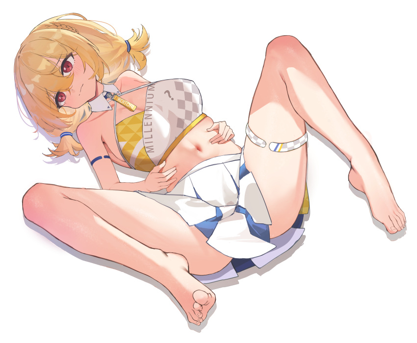 1girl absurdres ar-gand barefoot blonde_hair blue_archive blush breasts cleavage collar detached_collar hands_on_own_stomach highres kotori_(blue_archive) kotori_(cheer_squad)_(blue_archive) large_breasts looking_at_viewer looking_to_the_side lying millennium_cheerleader_outfit_(blue_archive) official_alternate_costume on_back red_eyes shirt short_twintails solo twintails white_background white_collar white_shirt