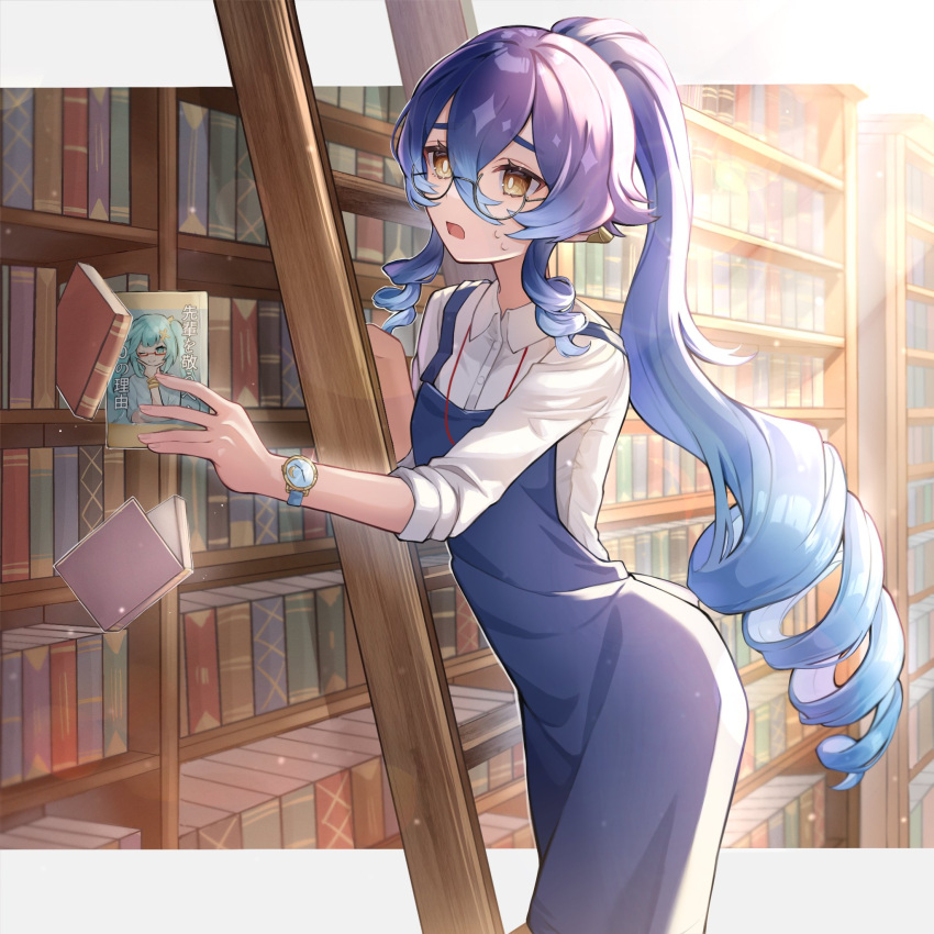 1girl alternate_hairstyle bespectacled blue_dress blue_hair book bookshelf commentary_request cowboy_shot dress drill_hair drill_sidelocks faruzan_(genshin_impact) genshin_impact glasses highres holding holding_book indoors ladder layla_(genshin_impact) long_hair mokankan open_mouth pinafore_dress pointy_ears ponytail shirt sidelocks sleeveless sleeveless_dress solo standing translation_request very_long_hair watch white_shirt wristwatch yellow_eyes