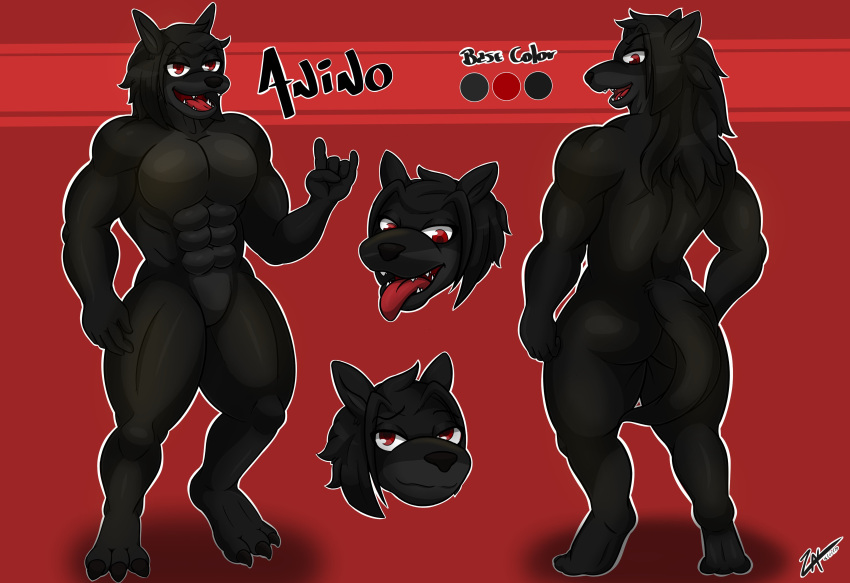 absurd_res anthro black_body black_hair canid canine canis expressions hair hi_res male mammal model_sheet muscular muscular_male red_eyes solo tail tongue tongue_out wolf zak_hitsuji