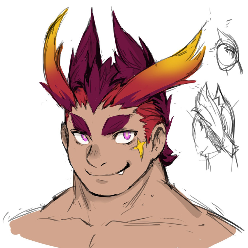 1boy antenna_hair bara bright_pupils cropped_torso cthugha_(housamo) doodle_inset fang fang_out highres huge_eyebrows humanization jacketbear male_focus multiple_views pectorals pink_eyes prehensile_hair red_hair sanpaku sideburns slit_pupils smile third-party_source tokyo_afterschool_summoners undercut unfinished