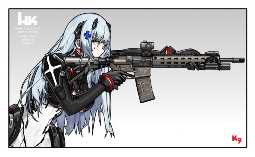 1girl aiming assault_rifle bodysuit finger_on_trigger flashlight girls'_frontline green_eyes gun h&amp;k_hk416 hair_ornament heckler_&amp;_koch hk416_(girls'_frontline) hk416_(midnight_evangelion)_(girls'_frontline) holding holding_gun holding_weapon kuroinu9 long_hair multicolored_bodysuit multicolored_clothes official_alternate_costume rifle skirt solo teardrop teardrop_facial_mark teardrop_tattoo two-tone_bodysuit weapon white_bodysuit