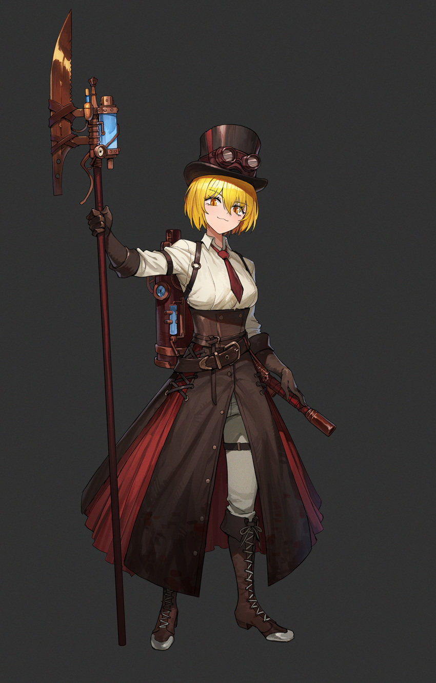 1girl blonde_hair boots brown_footwear brown_gloves brown_hat brown_overskirt collared_shirt commentary don_quixote_(project_moon) elbow_gloves full_body gloves goggles goggles_on_headwear grey_background hat highres holding holding_staff jason_kim limbus_company looking_at_viewer necktie overskirt pants project_moon red_eyes red_necktie shirt short_hair simple_background smile solo staff standing steampunk top_hat white_pants white_shirt