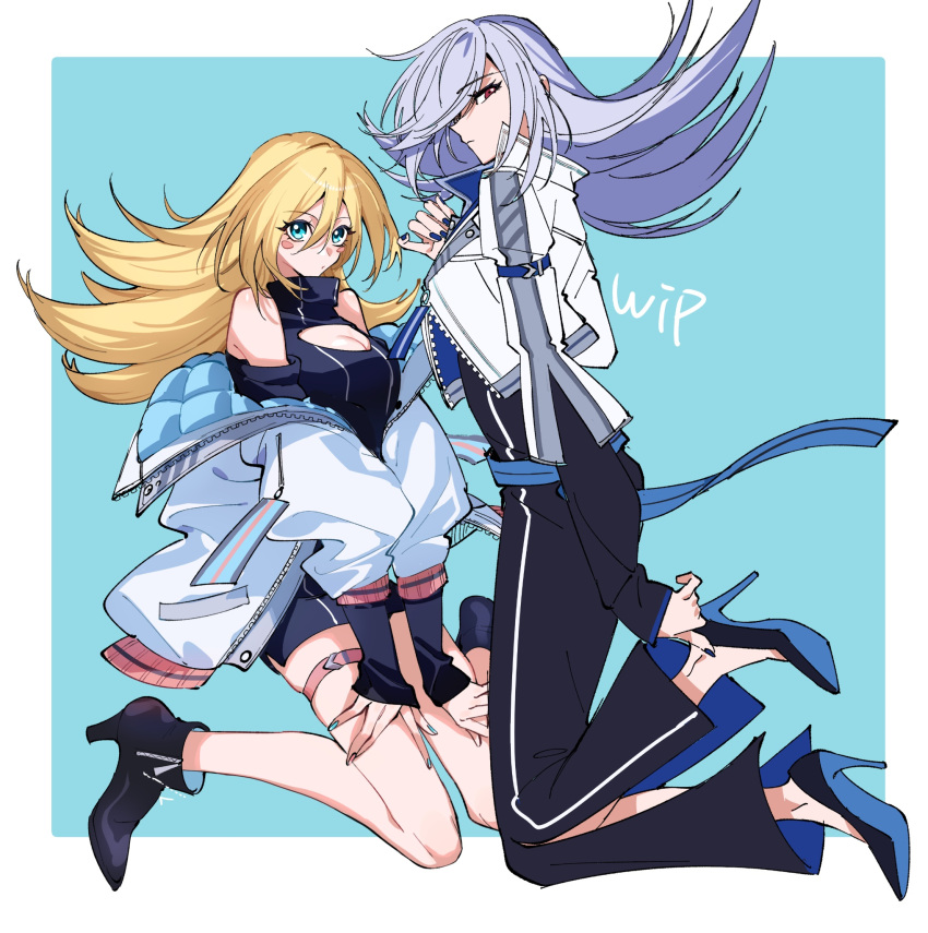 2girls aqua_eyes bare_shoulders blonde_hair blush_stickers boots breasts casual cleavage cleavage_cutout clothing_cutout dark_magician_girl duel_monster floating grey_hair high_heel_boots high_heels highres jacket multiple_girls open_clothes open_jacket pants red_hair shoulder_cutout silent_magician sitting wariza yoshio_296 yu-gi-oh!