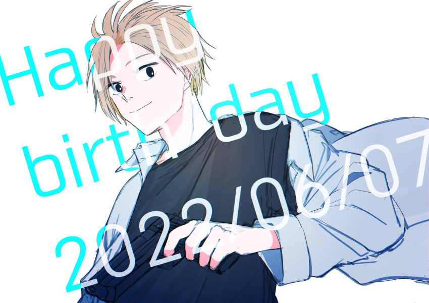 1boy black_shirt black_undershirt blonde_hair collared_jacket dated english_text happy_birthday head_tilt highres jacket light_smile looking_at_viewer rokuen_skd sakamoto_days shin_(sakamoto_days) shirt simple_background smile undershirt white_background