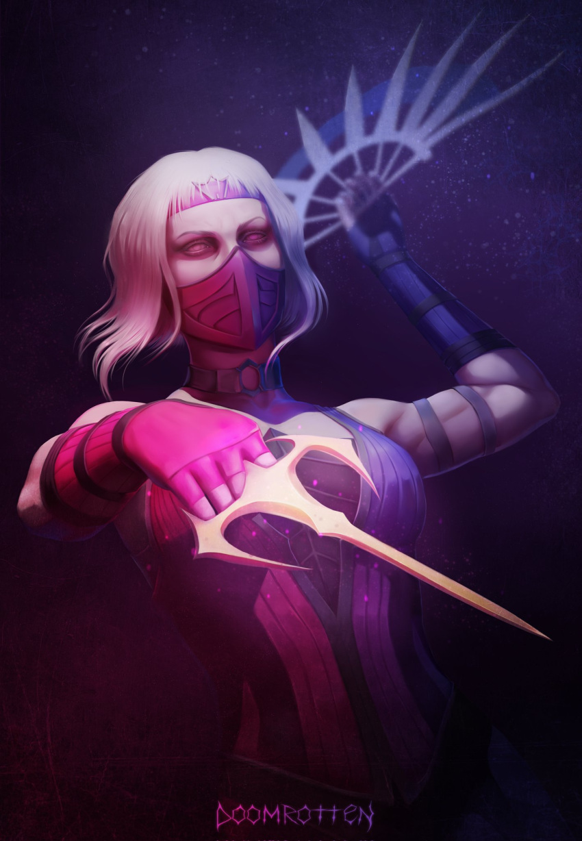 1girl artist_name chameleon_(mortal_kombat) character_request choker doomrotten fingerless_gloves gloves hand_fan highres holding holding_weapon mask medium_hair mortal_kombat_(series) mouth_mask muscular muscular_female ninja_mask no_pupils sai_(weapon) skin_tight solo upper_body weapon white_hair