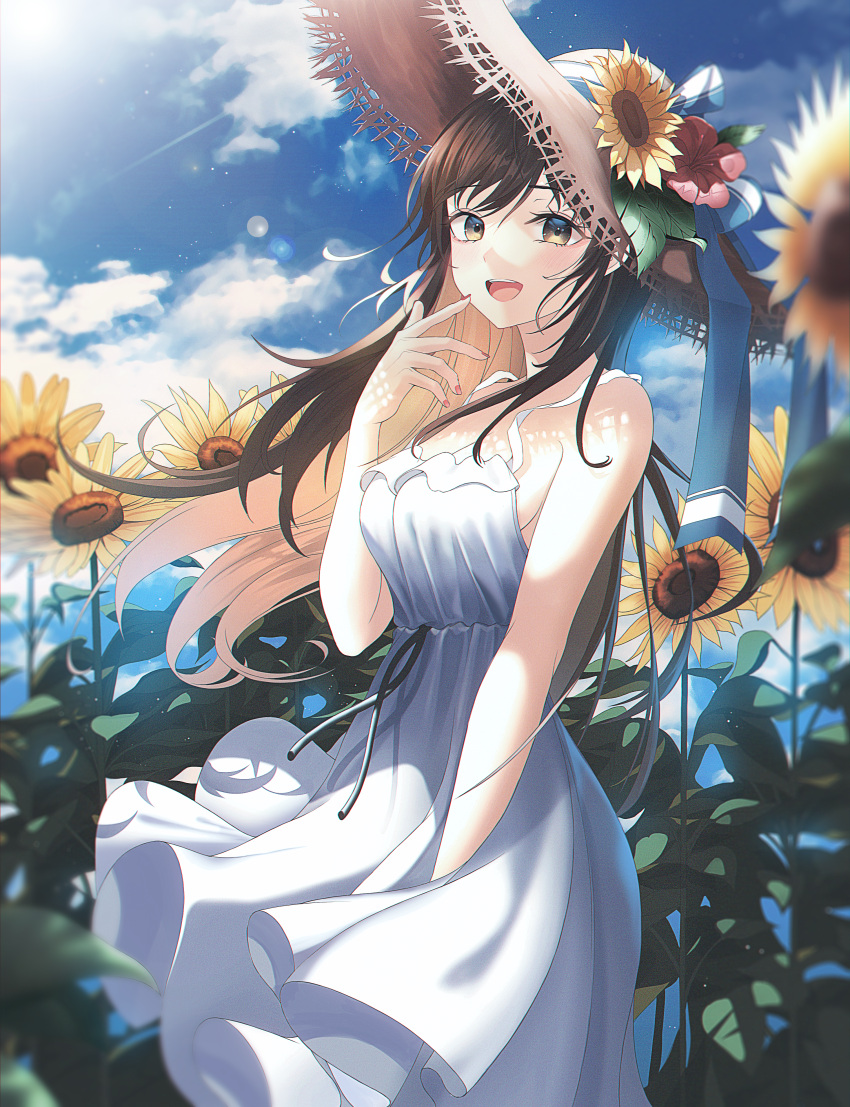 1girl absurdres bare_shoulders blue_sky blurry brown_eyes brown_hair cloud commentary_request depth_of_field dress feet_out_of_frame flower hand_up hansul hat hat_flower highres long_hair looking_at_viewer open_mouth original outdoors sky sleeveless sleeveless_dress smile solo standing straw_hat sun sun_hat sundress sunflower white_dress