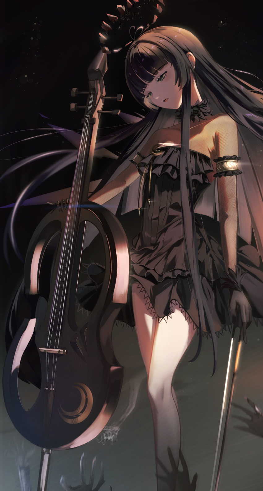 1girl absurdres arknights bare_shoulders black_dress black_eyes black_gloves black_hair blunt_bangs breasts cello commentary dizzen dress feet_out_of_frame gloves highres holding holding_instrument instrument long_hair looking_down open_mouth sidelocks sleeveless sleeveless_dress small_breasts solo_focus standing strapless strapless_dress very_long_hair virtuosa_(arknights)