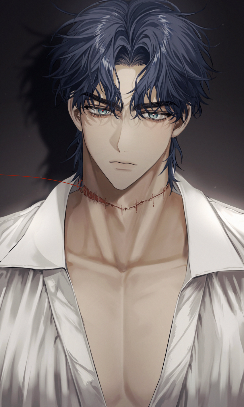 1boy absurdres black_hair closed_mouth collarbone collared_shirt eyelashes grey_background grey_eyes highres jojo_no_kimyou_na_bouken jonathan_joestar looking_at_viewer madengx male_focus pectoral_cleavage pectorals phantom_blood shirt short_hair solo stitched_neck stitches string string_of_fate thick_eyebrows white_shirt