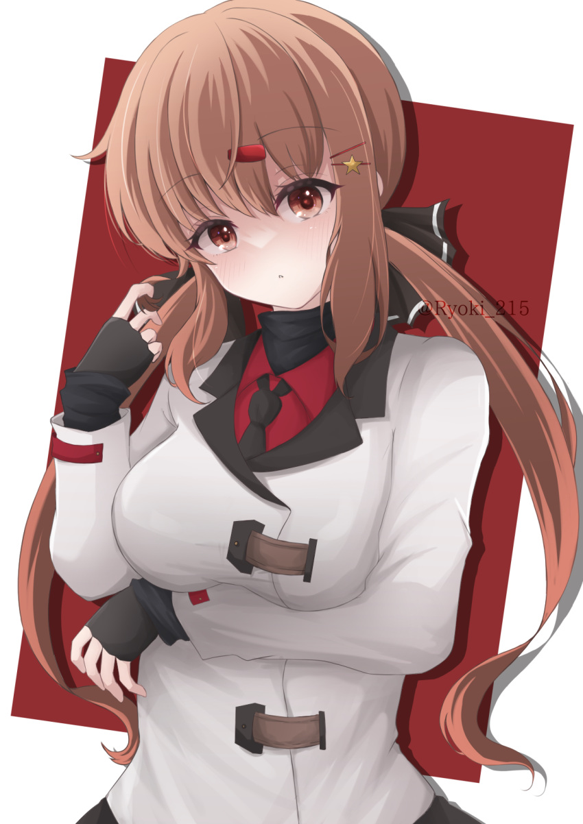 1girl black_gloves black_sweater blush breasts brown_eyes brown_hair collared_shirt fingerless_gloves gloves highres jacket kantai_collection large_breasts looking_at_viewer red_shirt ryouki_(34388923) shirt solo sweater tashkent_(kancolle) turtleneck turtleneck_sweater twitter_username white_jacket