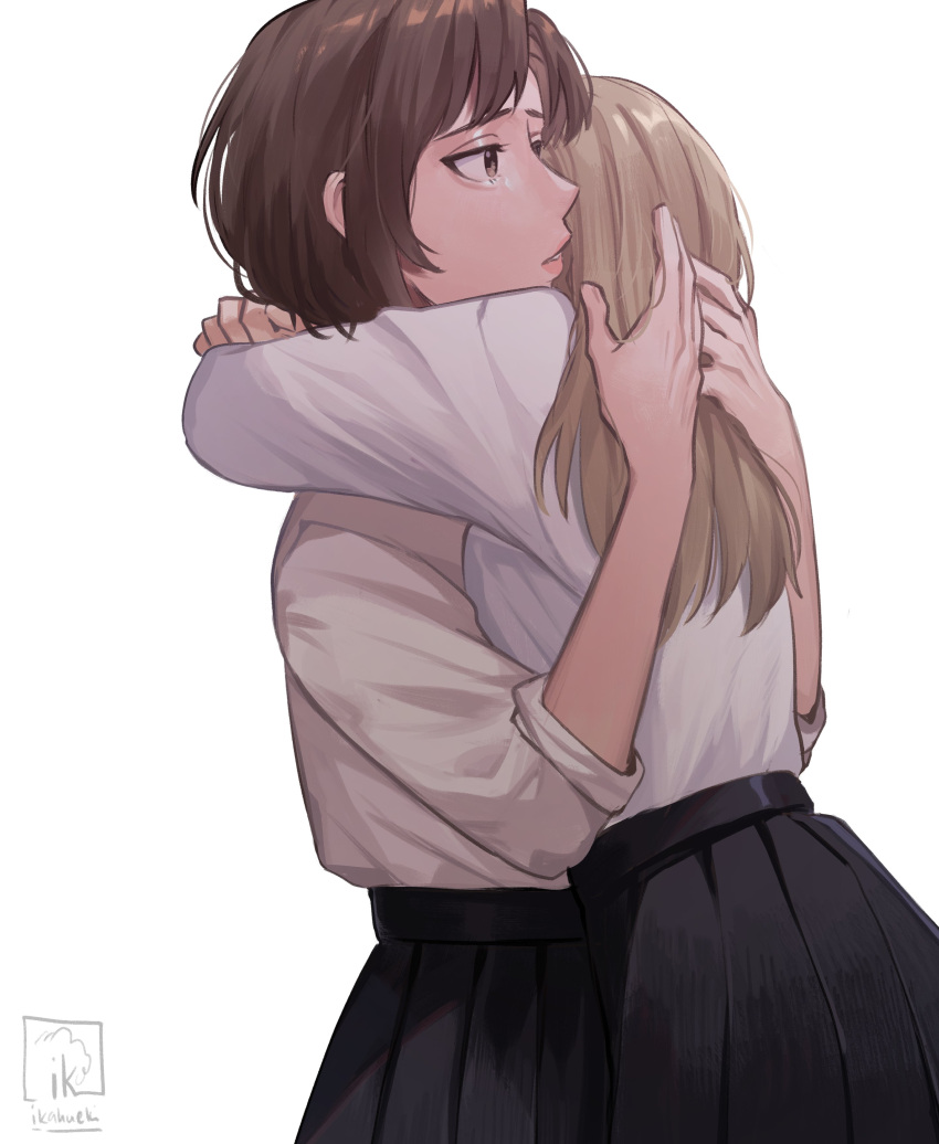 2girls absurdres arms_around_neck artist_logo artist_name black_skirt blonde_hair brown_eyes brown_hair comforting hands_on_another's_head highres hug ikahueki long_hair long_sleeves multiple_girls original shirt short_hair skirt tearing_up white_shirt