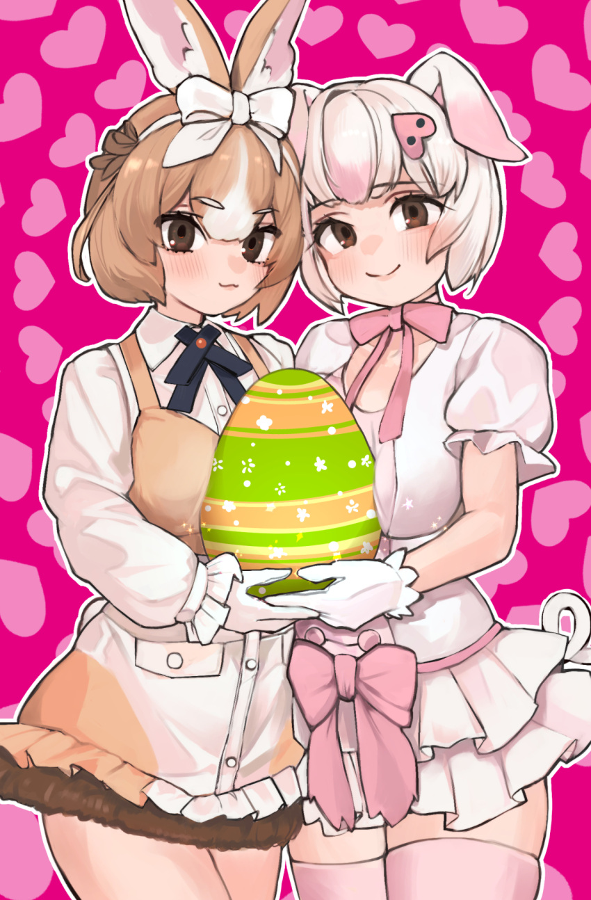 2girls :3 a888_n22 animal_ears blue_bow blue_bowtie blush bow bowtie brown_bow brown_dress brown_eyes brown_fur collared_shirt cowboy_shot domestic_rabbit_(kemono_friends) dress easter_egg egg frilled_dress frilled_sleeves frills from_side fur_trim gloves hair_between_eyes hair_bow heart highres kemono_friends light_brown_hair looking_at_viewer multicolored_hair multiple_girls pig_(kemono_friends) pig_ears pig_girl pig_nose pig_tail pink_bow pink_bowtie pink_hair pink_thighhighs pleated_skirt puffy_short_sleeves puffy_sleeves rabbit_ears rabbit_girl rabbit_tail shirt short_hair short_sleeves skirt smile tail thighhighs two-tone_dress two-tone_hair white_bow white_dress white_gloves white_hair white_shirt white_skirt zettai_ryouiki