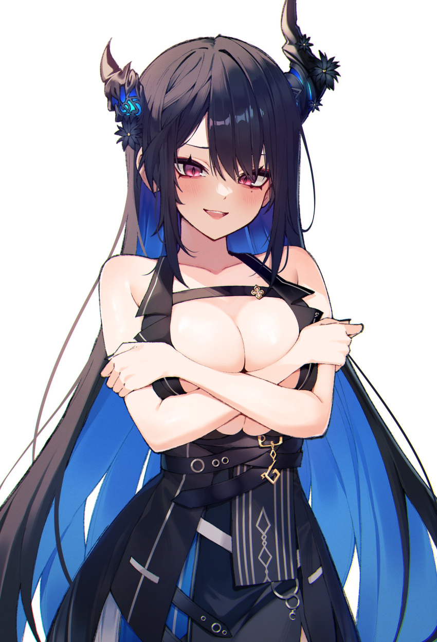 1girl absurdres asymmetrical_horns bad_link bare_arms bare_shoulders black_hair black_horns blue_hair breasts center_opening colored_inner_hair covered_nipples demon_horns embarrassed highres hololive hololive_english horns large_breasts leather_belt light_blush light_smile long_hair looking_down mole mole_under_eye multicolored_hair nerissa_ravencroft nerissa_ravencroft_(1st_costume) red_eyes seion very_long_hair virtual_youtuber white_background