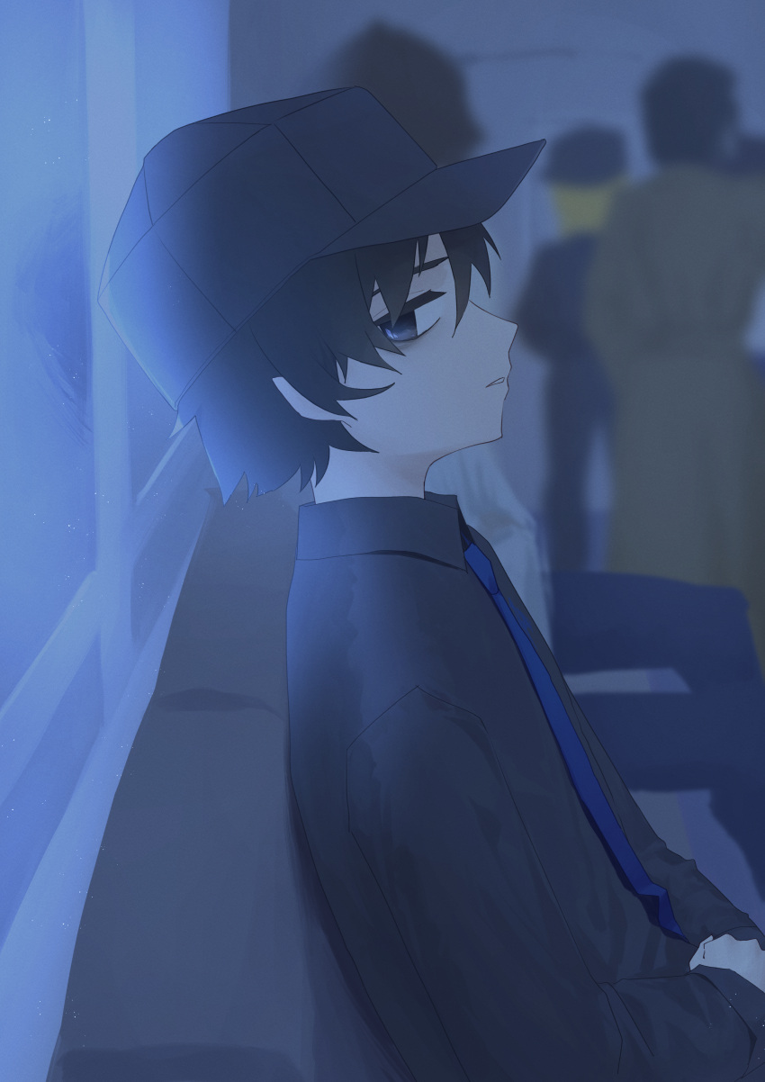 1boy absurdres baseball_cap black_eyes black_hair black_hat black_shirt blue_necktie collared_shirt hat highres indoors limbus_company long_sleeves looking_at_viewer male_focus necktie parted_lips project_moon shirt sinlu solo train_interior yi_sang_(project_moon)