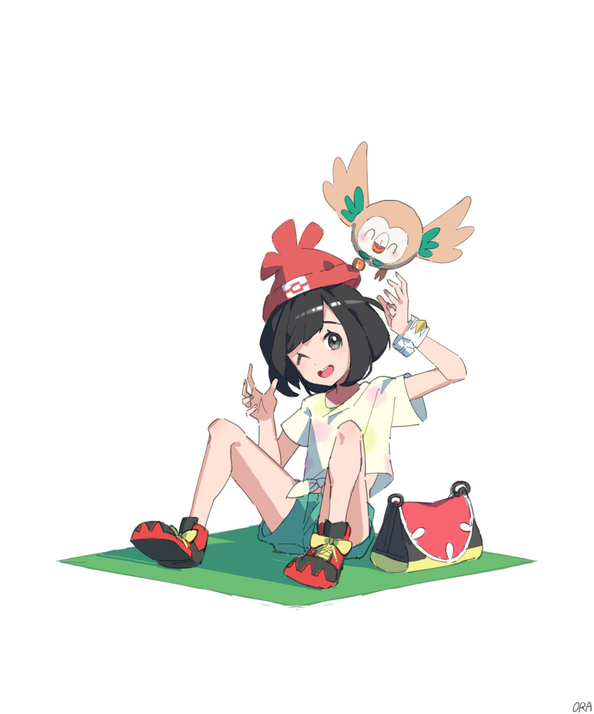 1girl ;d bag bare_legs beanie black_footwear black_hair bracelet commentary_request eyelashes green_shorts grey_eyes happy hat highres jewelry one_eye_closed open_mouth ora_(oraora_oekaki) pokemon pokemon_(creature) pokemon_sm red_hat rowlet selene_(pokemon) shirt shoes short_sleeves shorts sitting smile tied_shirt z-ring