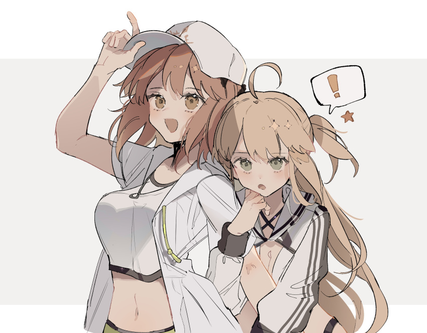 ! 2girls :o ahoge baseball_cap blonde_hair blush breasts brown_eyes character_request cowboy_shot crop_top drawstring fate/grand_order fate_(series) grey_jacket hand_up hat highres holding_another's_arm jacket long_hair long_sleeves looking_at_viewer medium_breasts medium_hair midriff multiple_girls navel note_nii one_side_up open_clothes open_jacket open_mouth shirt simple_background smile speech_bubble star_(symbol) white_background white_jacket white_shirt