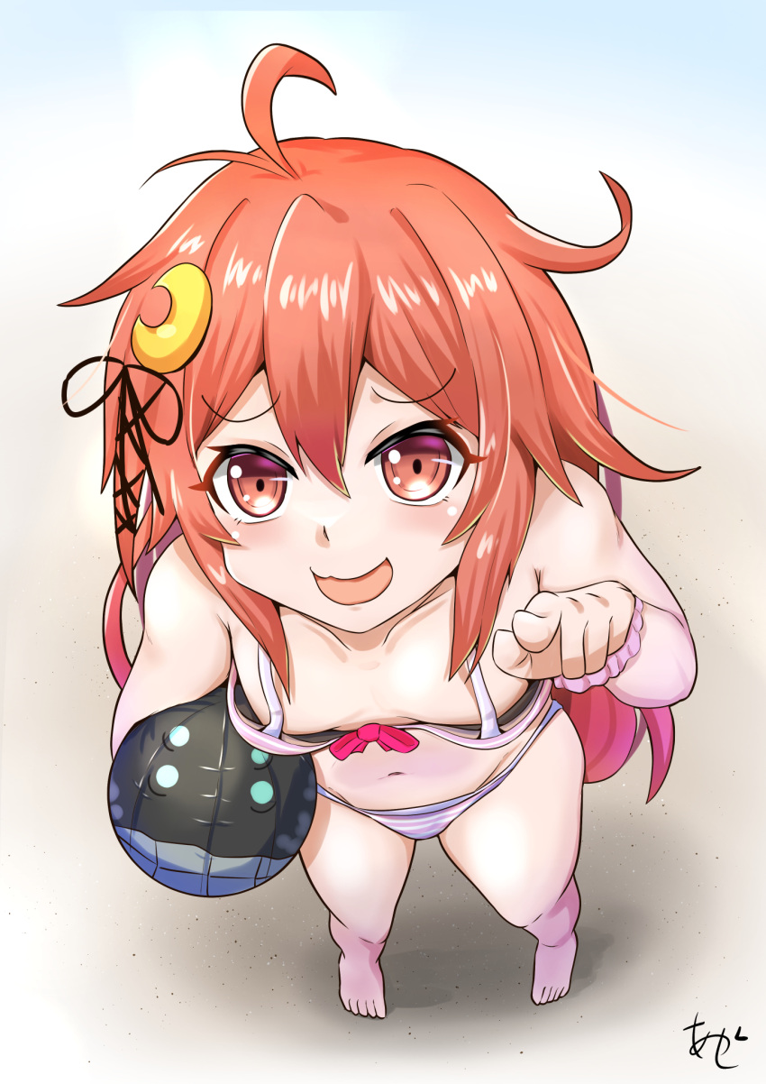 1girl ahoge akashieru ball beachball bikini breasts character_ball downblouse from_above hair_ornament hair_ribbon highres i-class_destroyer kantai_collection open_mouth orange_eyes orange_hair pointing rabbit_hair_ornament ribbon small_breasts smile solo striped_bikini striped_clothes swimsuit uzuki_(kancolle)