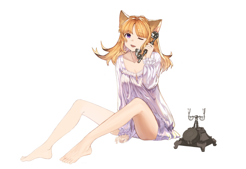 1girl ;d absurdres animal_ears antique_phone bare_legs barefoot between_legs blonde_hair breasts cat_ears collarbone dress eyelashes feet frilled_sleeves frills full_body hand_between_legs hand_up highres holding holding_phone long_hair looking_at_viewer lower_teeth_only one_eye_closed open_mouth original phone purple_eyes rotary_phone simple_background sitting small_breasts smile solo teeth toes v.ia white_background white_dress