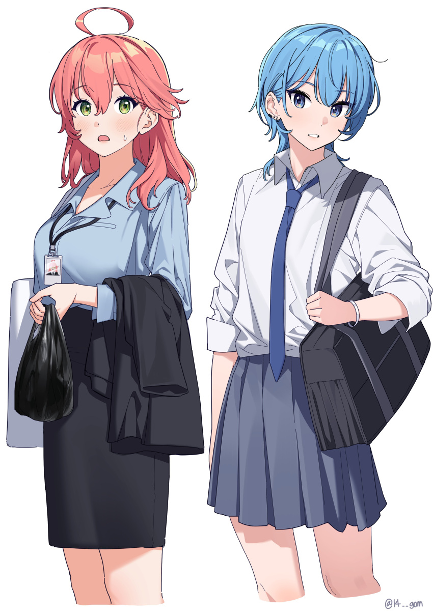 14_(vision5032) 2girls absurdres ahoge alternate_costume bag black_bag black_skirt blue_eyes blue_hair blue_necktie blue_shirt collared_shirt commentary d: double-parted_bangs ear_piercing earclip green_eyes grey_skirt hair_between_eyes highres holding holding_bag hololive hoshimachi_suisei id_card lanyard long_hair long_sleeves medium_hair messy_hair miniskirt multiple_girls necktie office_lady open_mouth parted_lips pencil_skirt piercing pink_hair plastic_bag pleated_skirt sakura_miko school_bag shirt shirt_tucked_in simple_background skirt sleeves_past_elbows sleeves_rolled_up small_sweatdrop socks standing teeth virtual_youtuber white_background white_bag white_shirt wolf_cut wristband