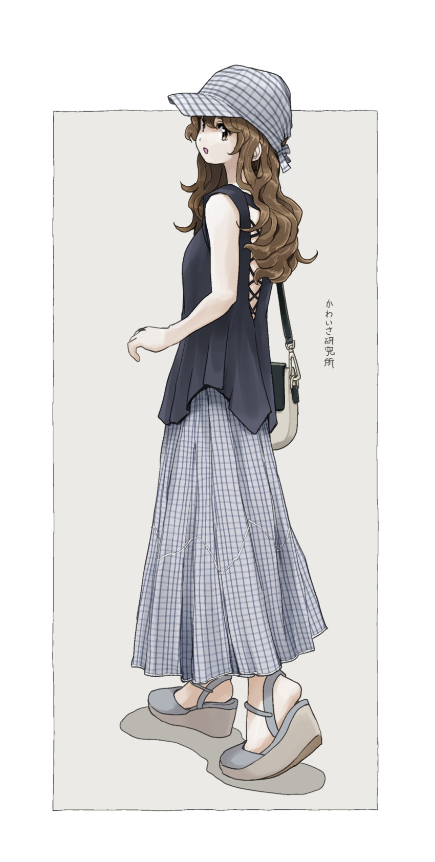 1girl absurdres azumaya_toushirou bag bare_shoulders brown_eyes brown_hair full_body handbag hat highres long_hair open_mouth original platform_footwear shirt skirt smile solo wavy_hair