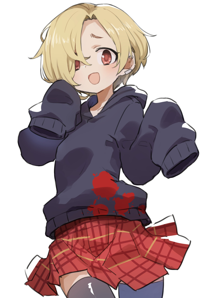 1girl black_hoodie black_thighhighs blonde_hair blood blood_on_clothes blush cowboy_shot dot_nose flat_chest gazacy_(dai) hair_over_one_eye hands_up highres hood hood_down hoodie idolmaster idolmaster_cinderella_girls idolmaster_cinderella_girls_starlight_stage long_sleeves looking_at_viewer miniskirt open_mouth plaid plaid_skirt pleated_skirt red_eyes red_skirt shirasaka_koume short_hair simple_background skirt sleeves_past_fingers sleeves_past_wrists smile solo standing thighhighs white_background zettai_ryouiki