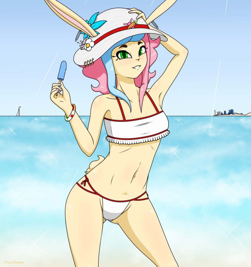 absurd_res accesory anthro beach bikini bikini_bottom bikini_top breasts clothing dessert female food front_view green_eyes hair hat headgear headwear hi_res ice_cream jewelry kusuna_(psyco) lagomorph leporid looking_at_viewer mammal multicolored_hair pink_hair psycodraws rabbit small_breasts smile smiling_at_viewer solo swimwear