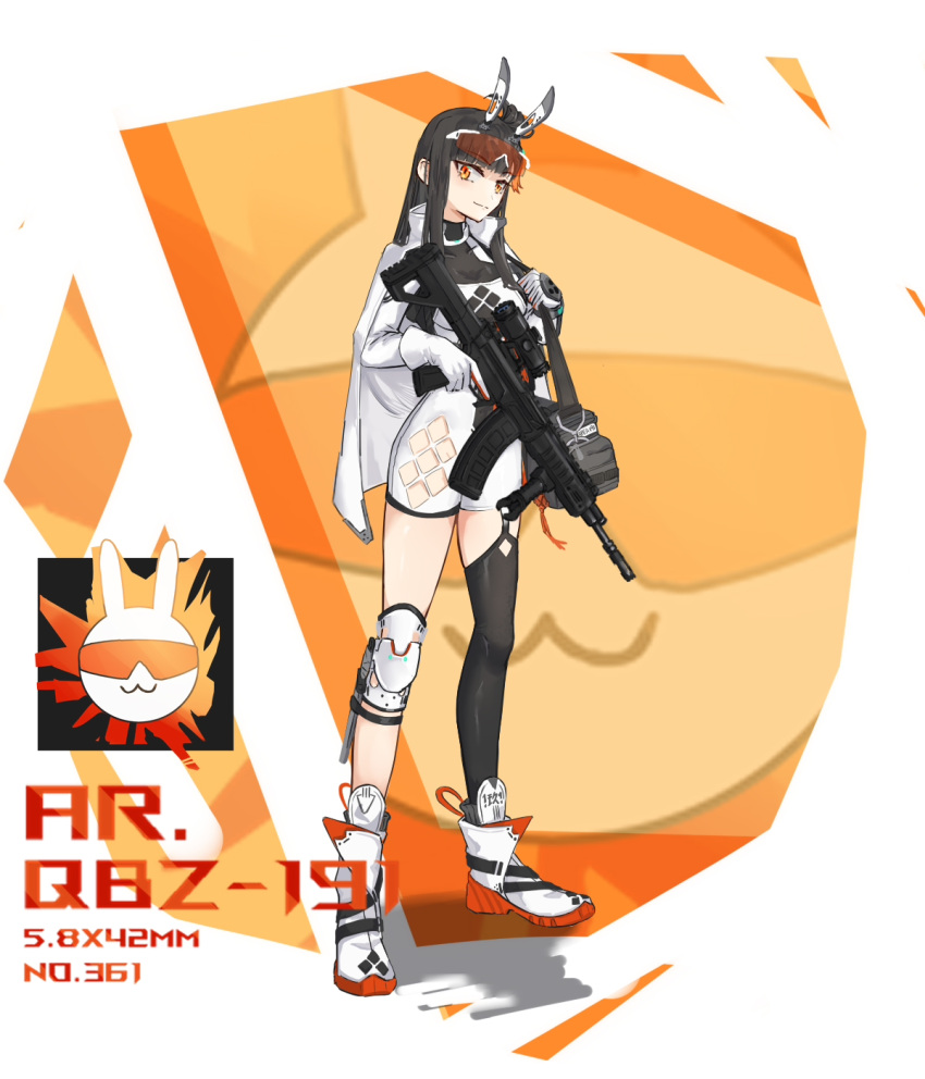 1girl asymmetrical_legwear bag black_hair full_body girls'_frontline girls'_frontline_2:_exilium goggles goggles_on_head gun handbag highres holding holding_gun holding_weapon orange_eyes qbz-191 qbz-191_(girls'_frontline) shoulder_bag solo weapon