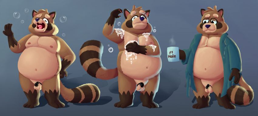 anthro balls bathing bathrobe belly beverage brown_body chastity_cage chastity_device chastity_device_only clothing coffee digital_media_(artwork) flaccid fur genitals hi_res humanoid_genitalia male mammal moobs navel nipples nude open_mouth overweight overweight_anthro overweight_male penis procyonid raccoon robe showering siblu sibluself simple_background small_penis solo standing suds yawn
