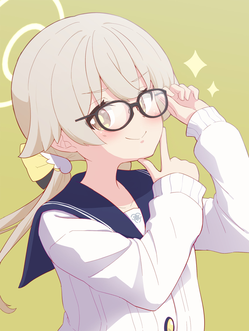 1girl bespectacled blue_archive blush closed_mouth commentary_request glasses hair_between_eyes hair_ornament halo hifumi_(blue_archive) highres kyousuke_(orcein) light_brown_hair long_hair looking_at_viewer low_twintails portrait school_uniform simple_background smile sparkle twintails yellow_eyes