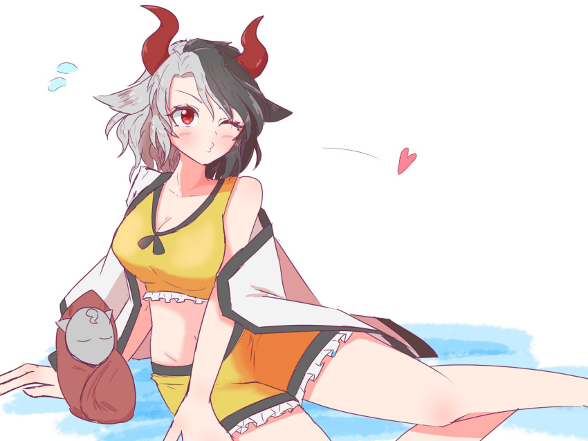 1girl animal_ears bare_shoulders breasts cleavage collarbone cow_ears cow_horns crop_top dz629pjnbxxeaiu frilled_shorts frills highres horns multicolored_hair one-hour_drawing_challenge open_clothes red_eyes red_horns shorts solo touhou two-tone_hair ushizaki_urumi yellow_shorts