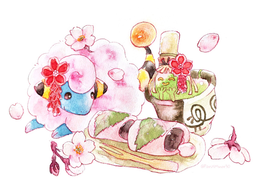 alternate_color animal_focus chako_(parusminor30) cup flower food hair_flower hair_ornament highres leaf mareep matcha_(food) no_humans pink_flower pokemon pokemon_(creature) sheep shiny_pokemon simple_background sinistcha tail teacup white_background