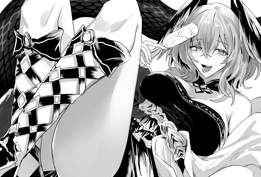 1girl arknights bare_shoulders breasts champagne_flute commentary cup dress drinking_glass feet_out_of_frame greyscale gun head_wings ho'olheyak_(carriage_of_the_winds_of_time)_(arknights) holding holding_gun holding_weapon iwashi_80 large_breasts looking_at_viewer medium_hair monochrome official_alternate_costume open_mouth short_dress solo strapless strapless_dress symbol-only_commentary tongue tongue_out weapon wings