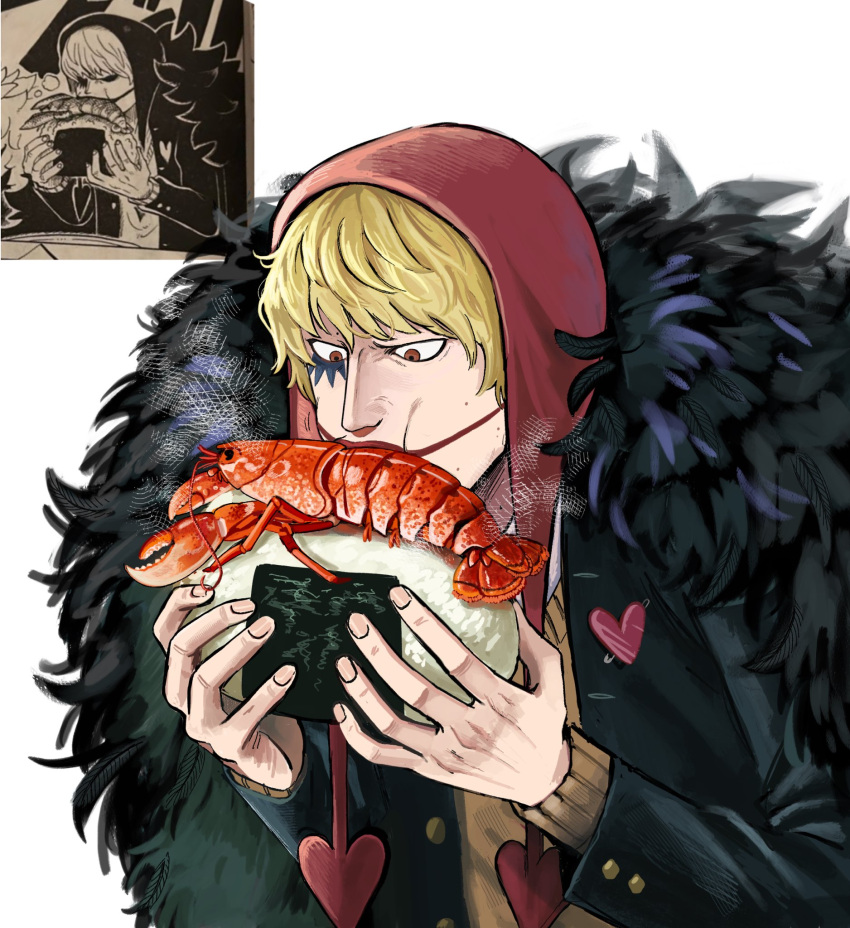 1boy black_coat black_jacket blonde_hair brown_eyes coat donquixote_rocinante eating feather_coat food heart highres holding holding_food hood hood_up jacket lobster looking_at_food makeup male_focus one_piece onigiri reference_inset school_uniform short_hair spicemachine02 sweater upper_body white_background yellow_sweater