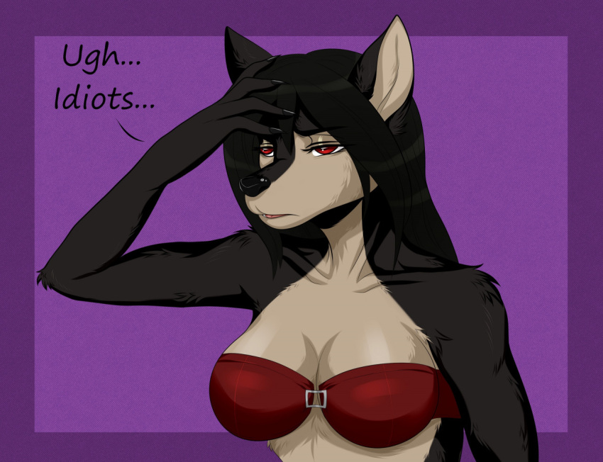 anthro black_hair bra breasts canid canine claws clothing collarbone colored dainerissindra female fox fur hair hand_on_head looking_at_viewer mammal nails open_mouth red_eyes solo text the_sake_ninja tongue true_fox underwear