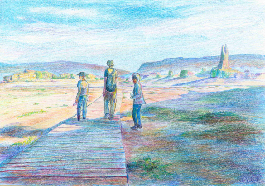 1boy 2others absurdres ambiguous_gender backpack bag bottle colored_pencil_(medium) desert full_body gender_request hat highres hood hoodie horizon landscape looking_at_viewer looking_back meguryoo multiple_others nature original outdoors pants scenery shoes traditional_media walking water_bottle