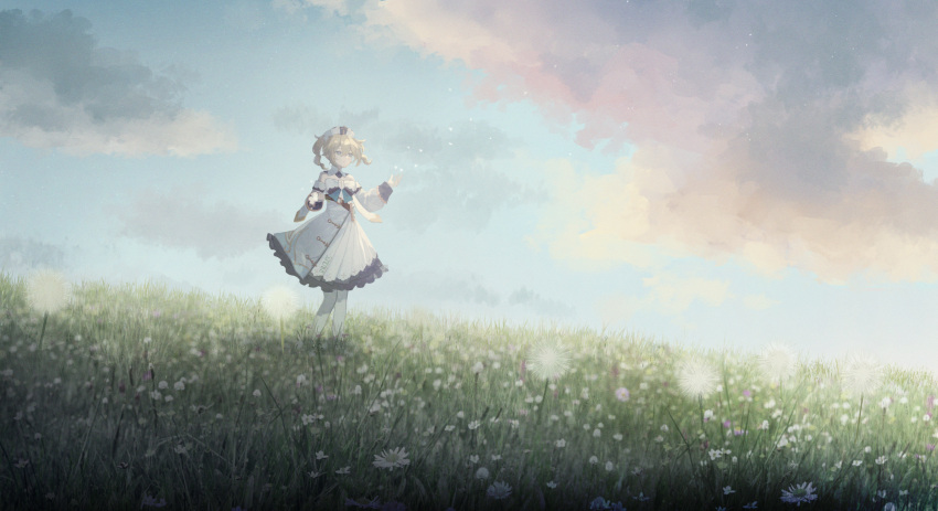 1girl artist_name barbara_(genshin_impact) bare_shoulders blonde_hair blue_eyes blue_sky bow closed_mouth cloud cloudy_sky commentary_request cross cross_print dandelion dandelion_clock dandelion_seed day detached_collar detached_sleeves dress drill_hair field flower flower_field frilled_dress frills genshin_impact gloves grass hair_between_eyes hands_up hat highres holding holding_flower long_sleeves medium_hair outdoors pantyhose scenery sidelocks sky sleeve_cuffs solo someaka standing strapless strapless_dress twin_drills white_bow white_dress white_flower white_gloves white_hat white_pantyhose white_sleeves