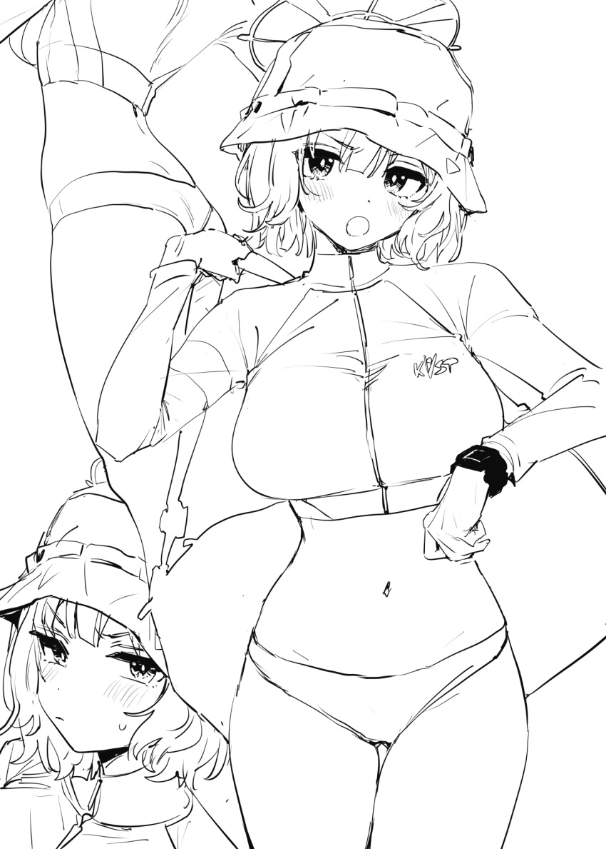 1girl ass bag bikini bikini_bottom_only blue_archive bucket_hat duffel_bag goshiki_suzu greyscale halo hat highres jacket monochrome monofin multicolored_clothes multicolored_jacket navel official_alternate_costume raglan_sleeves saki_(blue_archive) saki_(swimsuit)_(blue_archive) short_hair simple_background sketch solo swimsuit two-tone_jacket white_background