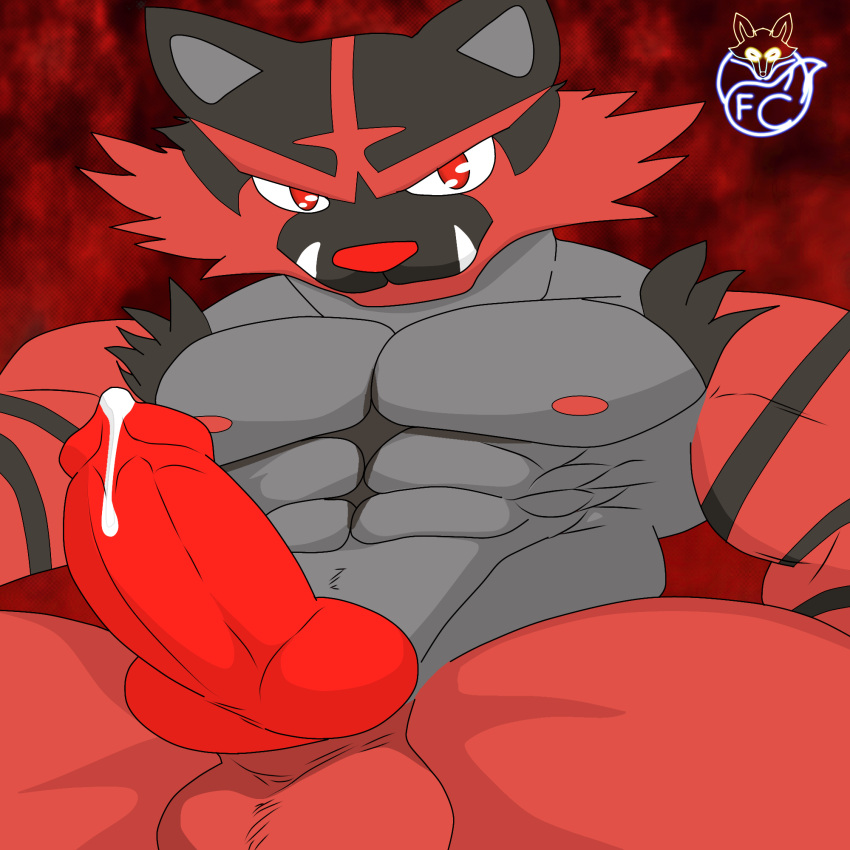 ambiguous_fluids andromorph anthro big_penis felid feline foxcuteuwu generation_7_pokemon genitals hi_res incineroar intersex male mammal muscular nintendo penis pokemon pokemon_(species) solo