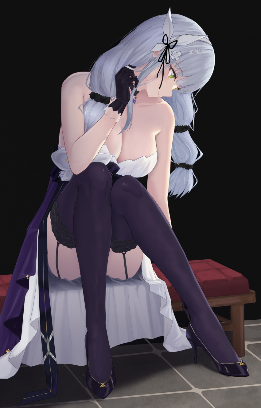 1girl 416_day absurdres black_footwear black_gloves black_thighhighs breasts cleavage cross_hair_ornament dress full_body girls'_frontline gloves green_eyes grey_hair hair_ornament hair_scrunchie high_heels highres hk416_(girls'_frontline) hk416_(starry_cocoon)_(girls'_frontline) lkovn956271 long_hair looking_down official_alternate_costume scrunchie shoes sitting smile thighhighs