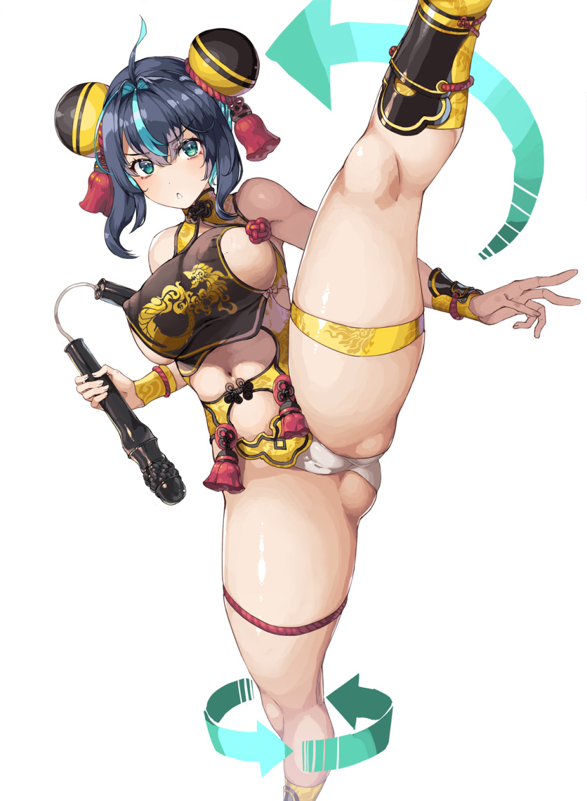 1girl ahoge aqua_eyes bare_arms bare_shoulders black_dress black_hair blue_hair bracer breasts bun_cover cameltoe china_dress chinese_clothes clothing_cutout colored_inner_hair covered_nipples curvy dress hair_intakes hair_ornament high_kick highres holding holding_nunchaku holding_weapon kicking large_breasts looking_at_viewer microdress multicolored_hair navel_cutout nishii_(damnedrive) nunchaku open_mouth original paid_reward_available panties pantyshot puffy_nipples sideboob sideless_dress sidelocks solo streaked_hair tassel tassel_hair_ornament thick_thighs thigh_strap thighlet thighs two-tone_dress underwear upskirt v-shaped_eyebrows weapon white_panties yellow_dress