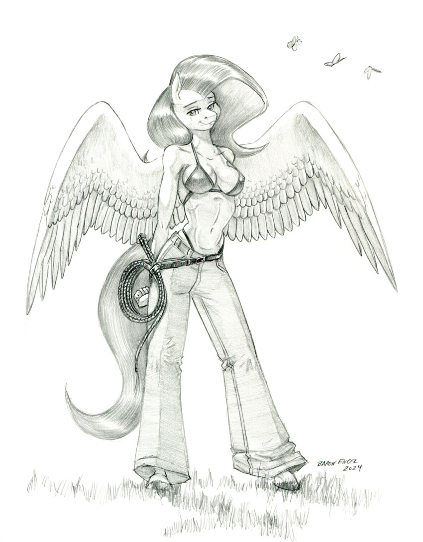2024 ambient_arthropod ambient_butterfly ambient_insect anthro anthrofied baron_engel bottomwear bra breasts cleavage clothed clothing equid equine feathered_wings feathers female fluttershy_(mlp) friendship_is_magic fur hair half-closed_eyes hasbro hi_res mammal midriff my_little_pony mythological_creature mythological_equine mythology narrowed_eyes navel pants pegasus solo spread_wings underwear whip wings