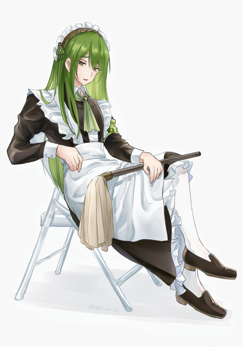 1boy apron ascot black_dress brooch brown_eyes brown_hairband crossed_legs dress duster frilled_dress frills gem green_ascot green_gemstone green_hair hairband highres holding holding_duster jewelry lobotomy_corporation long_hair maid_headdress male_focus netzach's_painting netzach_(project_moon) ori_oriio pantyhose project_moon solo very_long_hair white_apron white_pantyhose