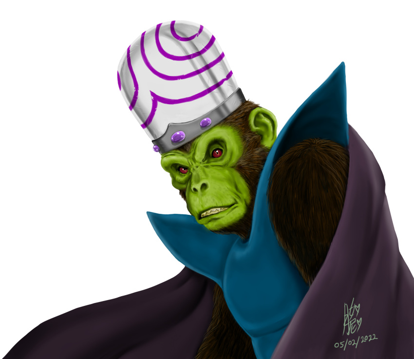 2022 absurd_res armor biped blue_clothing brown_body brown_fur cloak clothing digital_drawing_(artwork) digital_media_(artwork) fangs fur green_body green_skin haplorhine headgear helmet hi_res looking_at_viewer male mammal mojo_jojo monkey primate pupils red_eyes sharp_teeth showing_teeth signature simple_background slit_pupils solo teeth uenii white_background