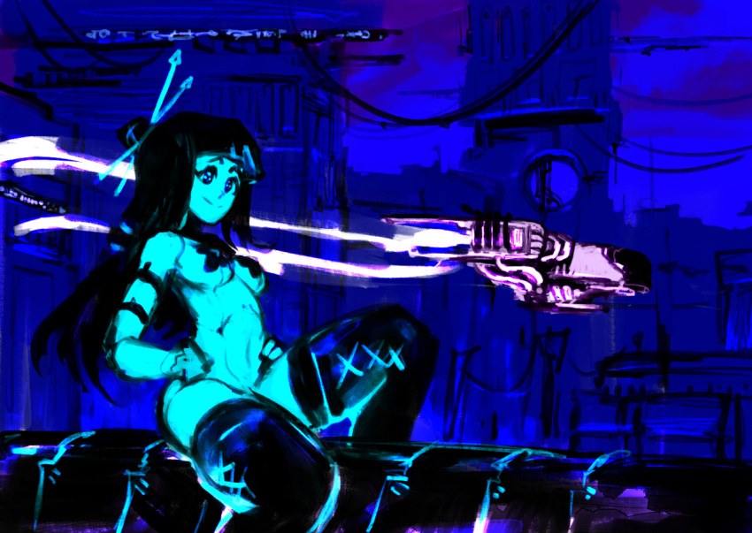 accessory aircraft android bangs black_clothing black_hair black_legwear bracketsxxx breasts city city_background cityscape clothing cloud cybernetics cyborg digital_media_(artwork) female glowing glowing_eyes hair hair_accessory hairpin hands_on_hips human humanoid legwear long_hair machine mammal night not_furry outside pale_skin pasties raised_leg robot robot_humanoid ship sitting solo spacecraft teal_body teal_skin thigh_highs tied_hair utility_pole vehicle watercraft wire
