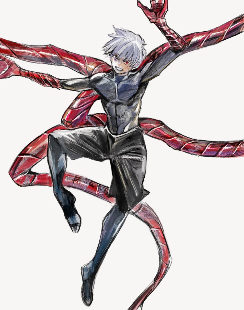 absurdres black_bodysuit bodysuit grey_eyes grin hetero highres ishida_sui kagune_(tokyo_ghoul) kaneki_ken muscular muscular_male official_art red_eyes shorts simple_background smile teeth tentacles tokyo_ghoul white_hair